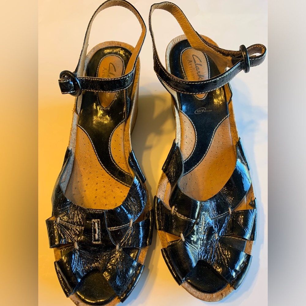 Clarks Artisan Black open toe Cork Wedge Sandal Size 10